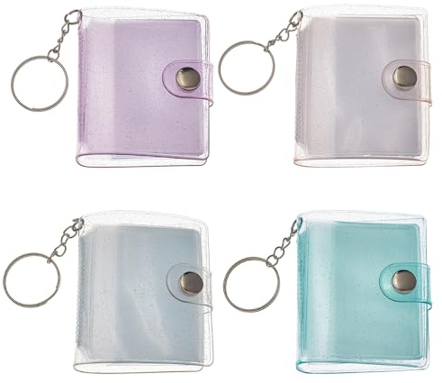 NICENEEDED 4 Mini Porte Clés pour Scrapbooking Porte Clés Livre Photo Porte Photo Porte Cartes Photo Porte Clés avec Porte Clés Pochette Transparente Album Photo Porte Clés pour Cartes