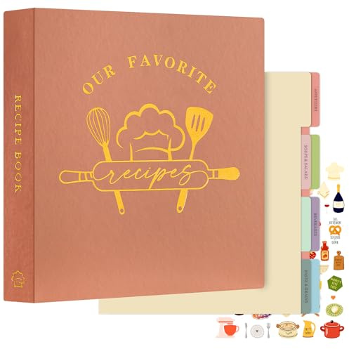Lanpn Rezepte Ordner 3 Ringen für Kochrezepte, Kochbuch Selbst Schreiben, DIY Rezeptbuch zum Selberschreiben, Recipe Binder Rezeptordner mit 8 Trennblättern und 2 Aufklebern, Rose, Englisch