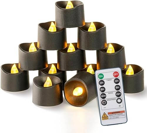 Homemory 12 velas LED negras con mando a distancia con temporizador de 2/4/6/8H, velas de té a pilas para exteriores (400 + horas)