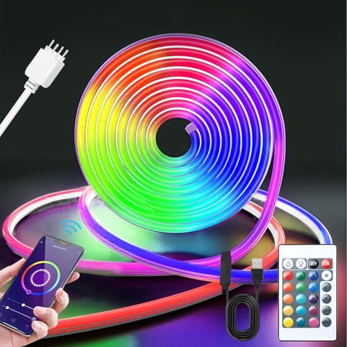 RGB Neon LED Strip 2M,Intelligente RGB LED Streifen,LED Strip mit Fernbedienung per App,DIY Flexibel LED Band mit Fernbedienung und Netzteil,Silikon Lichtleiste für Innen Aussenbereich Deko