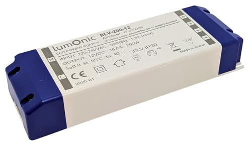 Lumonic I Transformateur LED BLV-200-12 I 12V 200W I Input 220-230VAC I sans Scintillement I Protection Contre Les surcharges I Bloc d'alimentation LED I pour l'éclairage LED
