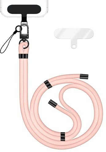 NALIA HoldMe Correa Universal para Smartphone y Fundas, Cuerda de Nailon Ajustable, Cordón para Colgar el Móvil del Cuello, Cadena con Mosquetón (negro) & 2 Parches, Lanyard, Color:Rosa