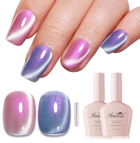 Imtiti Aurora Cat Eye Gel Nail Polish Set, 2 Colors Pink and Blue Mermaid Holographic Magnetic Glitter Gel Polish(0.34Fl Oz*2-998)