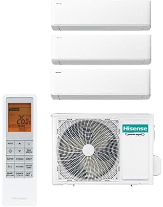 Hisense Uni Air Climatizzatore Trial Split 3AMW62U4RGC 9000+9000+12000 Btu, R32, Inverter, Self-Cleaning, Timer, Oscillazione automatica, WiFi, Nuovo Modello 2025, A++/A++