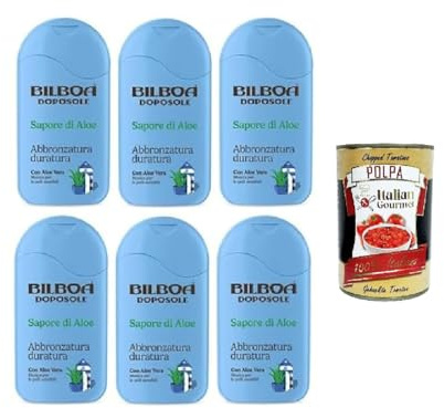 6x Bilboa, Aftersun-Creme Doposole Sapore di Aloe, Langanhaltende Bräune mit Aloe Vera, Musik für empfindliche Haut, dermatologisch getestet - 200ml + Italian Gourmet polpa 400gr