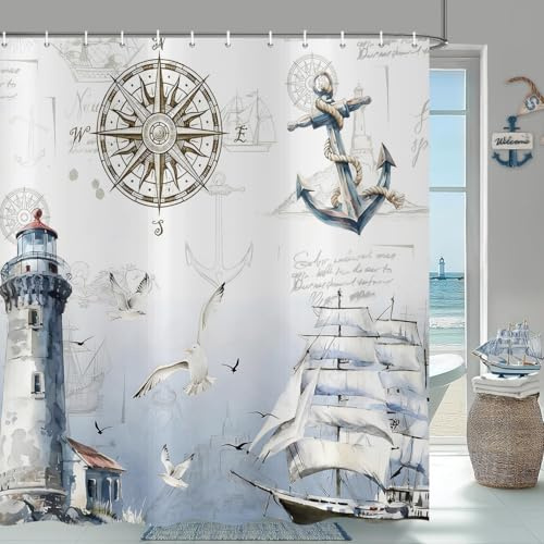 Hnmdmyi Nautical Shower Curtain 180x200, Sailboat Lighthouse Compass Anchor Coastal Bathroom Curtains Waterproof Polyester Fabric Washable Bath Curtains with Hooks