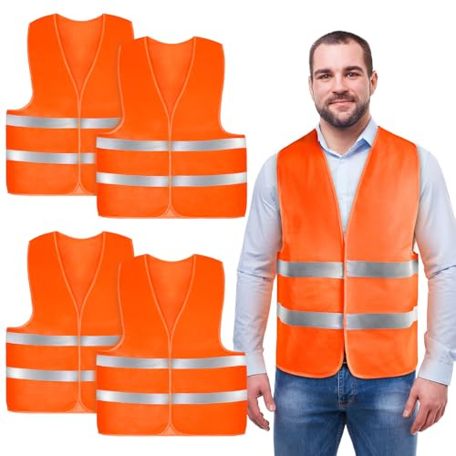 AYBUY Warnwesten Auto, 4 Stück Orange Sicherheitsweste, Reflektierende Warnwesten, für Erwachsene und Kinder 360° Reflektierend mit Reflektorstreifen, für Nacht, Bauarbeiter, Autofahrern Fahrern