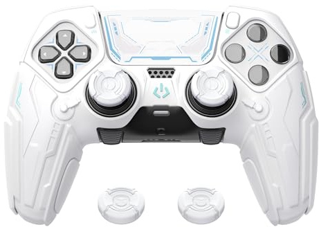 PlayVital Hülle für PS5 Edge Controller, Anti-Rutsch Schutzhülle | mit Grip Kappen & Sticker, Stoßfest, Ladestation Kompatibel, Dünner Paddel-Bereich, Stellar Mecha, Weiß & Frostgrau