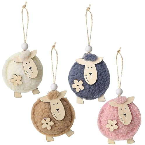HERZWILD 4pcs Ostern Schafe Anhänger aus Holz Schafe zum Aufhängen Osterdeko Schäfchen Deko (braun weiß grau rosa)
