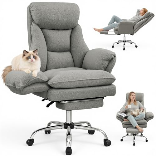 Warmiehomy Big and Tall Office Chair for Home, Teddy Fleece Comfy Office Chair with Flip Armrests for Pets and Cross Legged Ergonomic Office Chair, Gaming Chair with Foot Rest, 155° Reclining, Grey