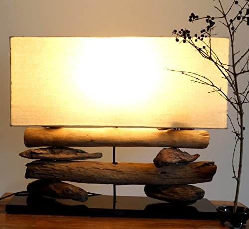 GURU SHOP Tischlampe/Tischleuchte, Handgefertigt in Bali, Treibholz, Baumwolle, Unikat - Modell Malacoota, 43x50x17 cm
