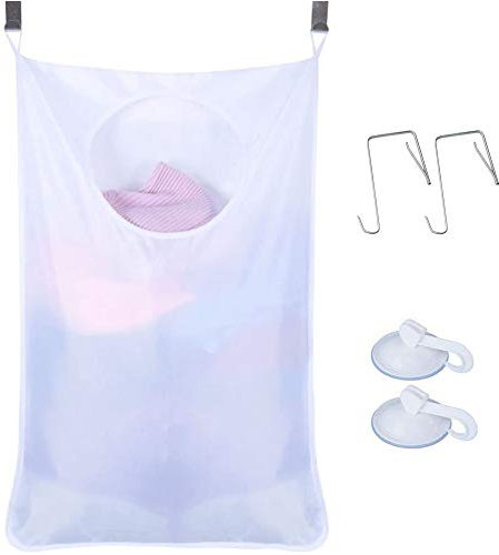 Uniuooi Door-Hanging Laundry Hamper Bag White, Foldable & Space Saving Corner Laundry Organiser with 2PCS Stainless Steel Door Hooks 2PCS Suction Hooks