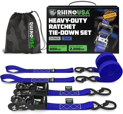 Rhino USA Spanngurte mit Ratsche (2er-Set) 4cm x 2,4m - 2.000kg Zurrgurte | 2.000kg Bruchfestigkeit. Zurrgurte mit Ratsche & S-Haken, Schlaufen. Für Pickup, ATV, UTV, Motorrad & Fracht. Blau