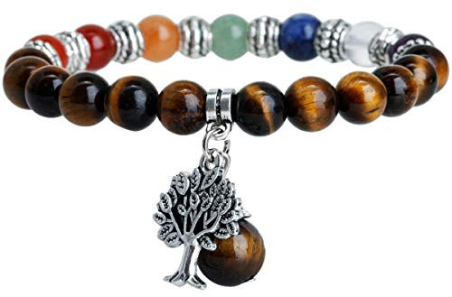 mookaitedecor Oeil de Tigre Bracelet Pierre Lithotherapie Elastique, Bracelet Chakra Perles Energie Tibétain Bouddhiste avec Pendentif Arbre de Vie