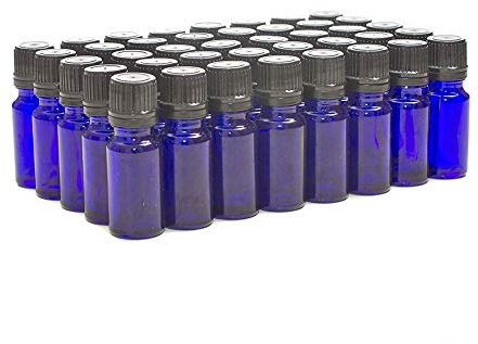 Aura 10ml Blue Glass Bottles with Black Tamper Evident Caps & Droppers - Pack of 40