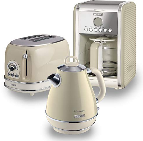 Ariete ARPK7 Retro Style Jug Kettle, 2 Slice Toaster and Filter Coffee Machine Set, Vintage Design, Beige