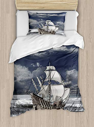 ABAKUHAUS Grau Bettbezugs Set für Einzelbetten, Karibik Piraten-Schiff, Milbensicher Allergiker geeignet mit Kissenbezug, 130 x 200 cm, Blau grau
