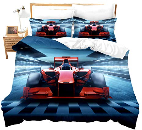 Loussiesd Rot Formelauto Bettbezug Set 2 Teilig 155x220 cm Bettwäsche Set Classic Car Jugendliche Kinder Microfaser Betten Set mit Reißverschluss und 1 Kissenbezug 80x80 cm