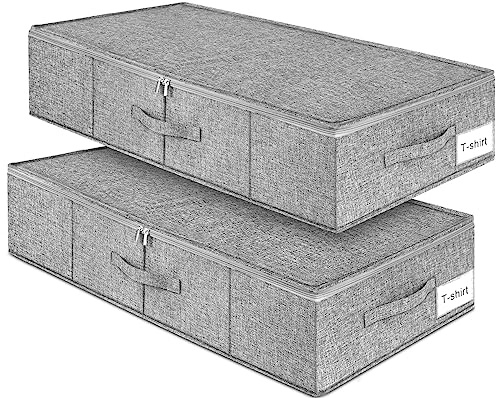 Under Bed Storage, 2 Pack Underbed Storage Container Bags With Lid, Foldable Sturdy Clothes Storage Drawer Organizer W/ 3 Handles, Ultra Thick Fabric Blanket Shoe Storage Box, 30x15x6.7inch, Grey