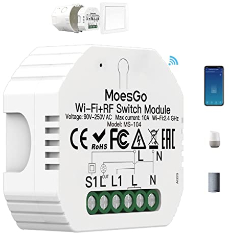 MoesGo WiFi Smart Light Switch Module - 1 Way/2 Way Multi-Control RF433 DIY Mini Module, Timer, Wireless Remote Control, Compatible With Smart Life/Tuya App, Alexa and Google Home