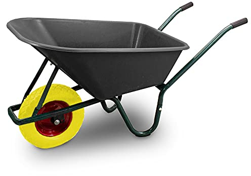 BITUXX Schubkarre 100L Schubkarren Schiebkarre Scheibtruhe Bauschubkarre mit PVC Wanne und Luftreifen bis 250kg (Schubkarre mit PVC Mulde Schwarz und PU Rad Gelb)