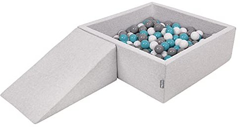KiddyMoon Aire De Jeux en Mousse avec Carré Piscine À Balles (200 Balles) pour Enfants, Gris Clair: Gris/Blanc/Turquoise