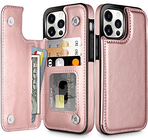 Coolden Compatible with iPhone 13 Pro Max Case Wallet Case Shockproof Case with Card Holder Flip Folio PU Leather Magnetic Closure Protective Case Cover for iPhone 13 Pro Max Phone Case (Rose Gold)
