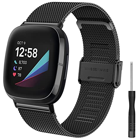 Kompatibel mit Fitbit Versa 4 Armbänder/Fitbit Versa 3 Armbänder/Fitbit Sense 2 Armbänder/Fitbit Sense Armbänder, Mesh Gewebte Edelstahl Armband Metall Uhrenarmband Ersatzband für Männer und Frauen