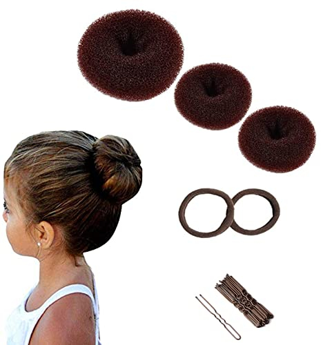 3 Stück Donut Hair Bun Maker Set mit 2 elastischen Haarband, 10 U-Form Haarspange Haarnadel, Duttkissen, Dutt Maker für Kinder Mädchen Frauen (braun)