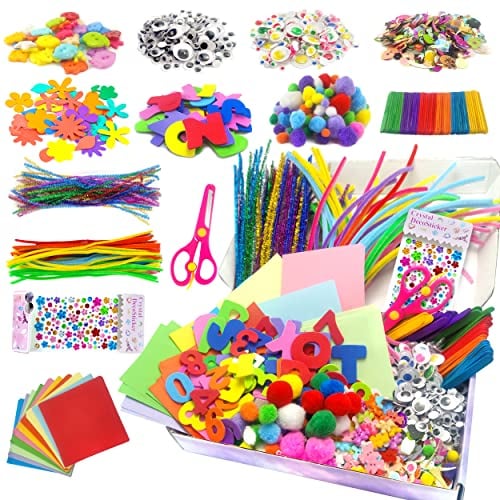 Obqo 2000+ Pcs Craft Supplies for Kids Ages 4-8, Toddler Box Includes Pipe Cleaners, Pom Poms, Buttons - All in One Supplies for Ages 4 5 6 7 8