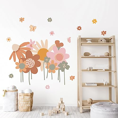 Tanlaby Bunte Blume Wandtattoo Boho Retro Blumen Wandsticker Große Retro Blume Wandaufkleber für Wohnzimmer Schlafzimmer Büros Sofa Hintergrund Hause Wanddekoration