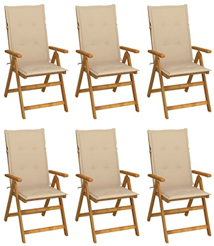 Makastle 6er Set Gartenstuhl Hochlehner Massivholz Klappstuhl 5-Fach Verstellbar mit Armlehnen und Kissen, klappbar Campingstuhl Balkonstuhl Klappsessel Garten Terrasse, 57 x 69 x 111 cm Beige