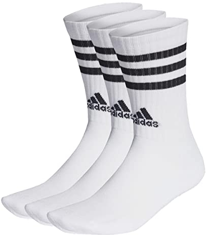 adidas Unisex 3-Stripes Cushioned Crew Socks 3 Pairs, White / Black, 10.5-12.5