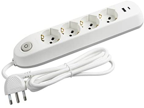 BTICINO Ciabatta Multipresa Elettrica Poker 6 Posti, 2 Prese USB e 4 Prese Polivalenti (Schuko 10/16A e Bipasso), Ciabatta Elettrica con Interruttore Cavo 1,5m Spina 16A, Robusta e Salvaspazio, Bianco