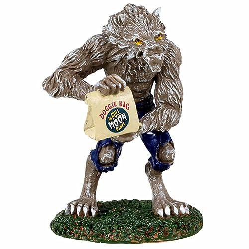 Lemax - Wolfie Eats Out | Werwolf schnappt sich zum Mitnehmen aus dem Vollmond-Diner | Kunstharz, 6,1 x 3,6 x 4,6 cm | Gruseliges Stadtdorf Display