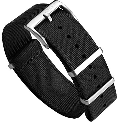 WatchGecko Schweizer Qualität Signature Military Nylon Uhrenarmband. Nylon-Herren-Ersatzarmband. Robustes, schnell trocknendes und sicheres Uhrenarmband für Outdoor-Aktivitäten. Schwarz, 21 mm