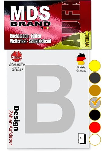 MDS Brand 10cm Design Buchstaben Aufkleber A-Z Selbstklebende Klebebuchstaben | Wetterfest Alphabet zum Aufkleben für Briefkasten, Auto, Mülltonne, Vinyl Buchstaben für Außen & Innen (Silber, B)