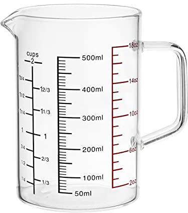 500ml Glass Measuring Cup Jug with Scale, Heat-Resistant Transparent Glass Cup Graduated Beaker Handled Measuring Container for Microwave Milk Coffee Hot/Cold Drinks Iced Beverage Tea Medical Use