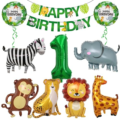Dschungel Deko 1 Geburtstag, Dschungel Geburtstagsdeko 1 Jahr, Safari Tiere Folienballon 1, 10 Stück Safari Waldtiere Luftballon Geburtstag 1, Dekoration Kindergeburtstag Deko Mädchen Junge