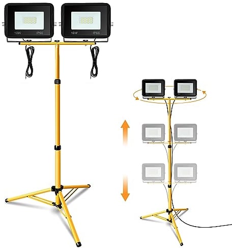 Jiubiaz Baustrahler LED mit Stativ, 2x10W Arbeitsstrahler 900LM Bauscheinwerfer 6000K Kaltweiß, Höhenverstellbar Stativ und 1m Kabel, IP66 Wasserdicht Baulampe Schuppen (kein Stecker)