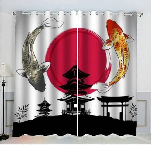 Sepustas Rideau Occultant Style Japonais Rideaux Oeillet Polyester 3D Chambre Rideau Thermique Isolant Anti Froid Poisson d'art Japonais Rideau Chambre Enfant （150x166 cm ）