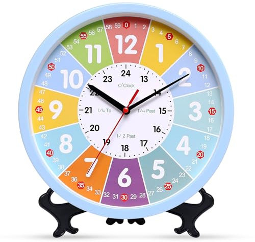 Vegena Wanduhr Kinder, 10 Zoll Wanduhren, Wanduhr Ohne Tickgeräusche, Modern Quartz Lautlos Wanduhr, Lautlos Bunte Lernuhr, Wanduhr Lautlos Für Küche, Wohnzimmer, Schlafzimmer, Büro (Hellblau)