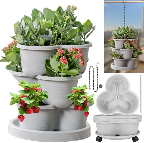 Birheatry Vertical Strawberry Planter 3 Tier Hanging Vertical Gardening Stackable Planter, Hanging Strawberry Planter Pot for Strawberries, Flowers, Herbs, Vegetables with Removable Wheels and Hooks