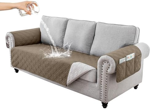 RAPRAP 100% Wasserdicht Sofa überzug, 1/2/3 Sitzer Sofa Bezug mit Armlehnen, Tasche, Waschbare Couch Überzug für Kinder, Haustiere, Hunde,Taupe,3 Seater