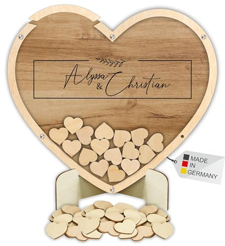 Manschin-Laserdesign Gästebuch Drop in aus Holz und Acrylglas zur Hochzeit, personalisiert, Wunschgravur, Wunschfarbe inkl. Herzen (Holz)