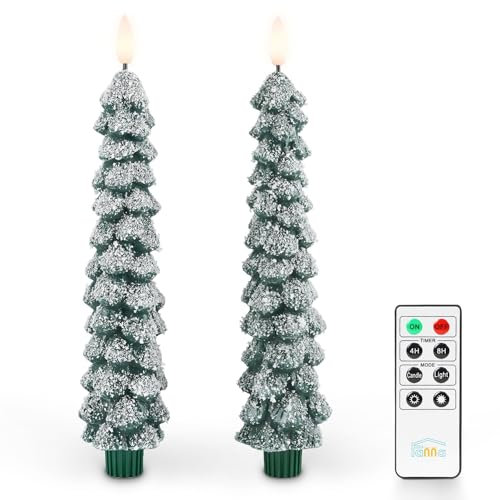 Fanna 2 Candele Led a forma di albero di Natale con Timer, Candele Coniche Natalizie a Batteria per l'inverno, Telecomando e Batterie incluse, Uso Interno - H 25cm