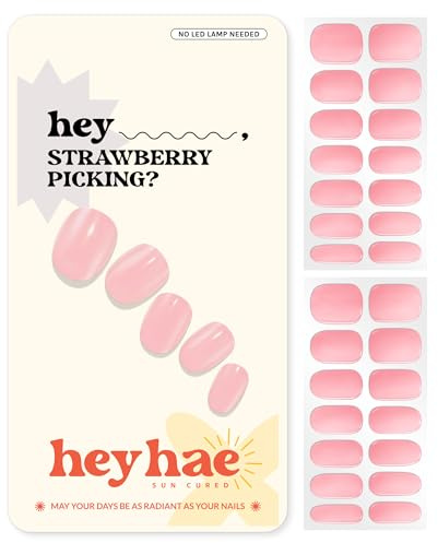 Heyhae Semi Cured Gel Nail Strips | No LED Lamp Needed | Solid, Pink, Spring | Easy Apply & Remove, Salon Quality | Includes 28 Strips, 1 Prep Pads, Nail File & Wooden stick - Hey, Strawberry Picking?