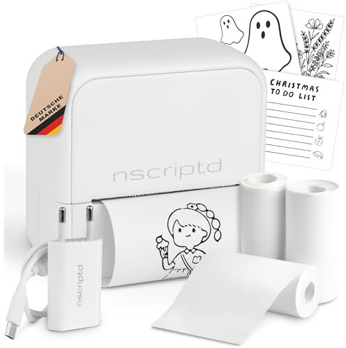nscriptd Mini Drucker Bluetooth – Mobiler Etikettendrucker & Beschriftungsgerät selbstklebend für Smartphone – Label Printer für Fotos, Sticker & Etiketten – Tintenfrei – Weiß