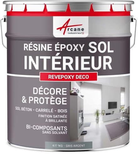 ARCANE INDUSTRIES Peinture Sol, résine epoxy, Peinture pour Sol, Salon, Cuisine, Salle de Bains, Effet Miroir : Revepoxy Deco - 1 kg (jusqu'à 5 m² en 2 Couches) Gris Argent - RAL 7001
