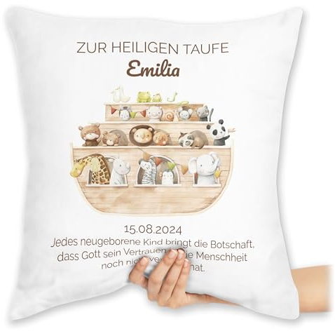 Kissen 40x40 Zierkissen - Arche Noah Motiv | Taufe mit Namen und Datum | Erinnerung Taufgeschenk - 40 x 40 cm - Weiß - taufkissen konfirmation zur taufgeschenke Kommunion Name personalisiertes